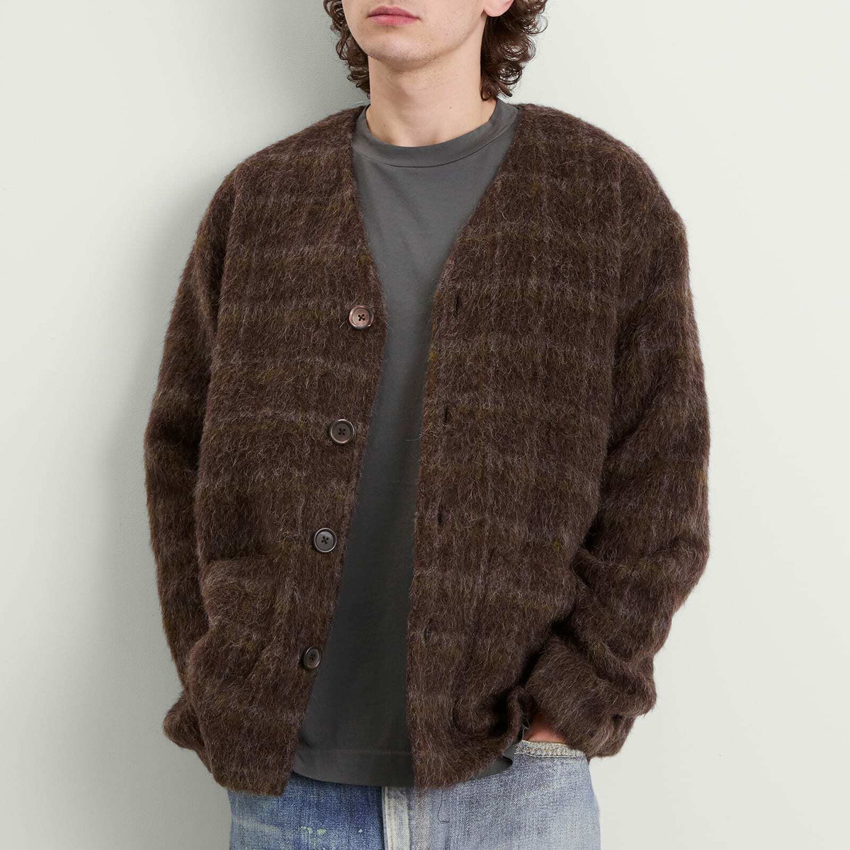 Our Legacy Men's Mohair Cardigan in Dorf Check Hairy Wool