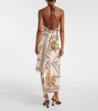 Blumarine Asymmetric draped printed twill midi skirt