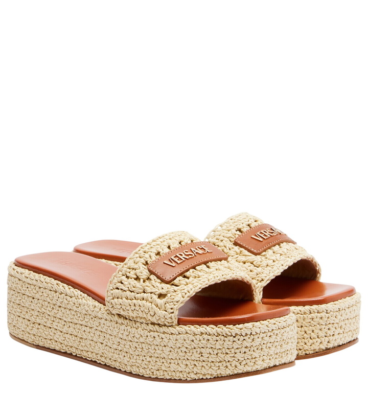 Photo: Versace Logo raffia platform espadrille slides