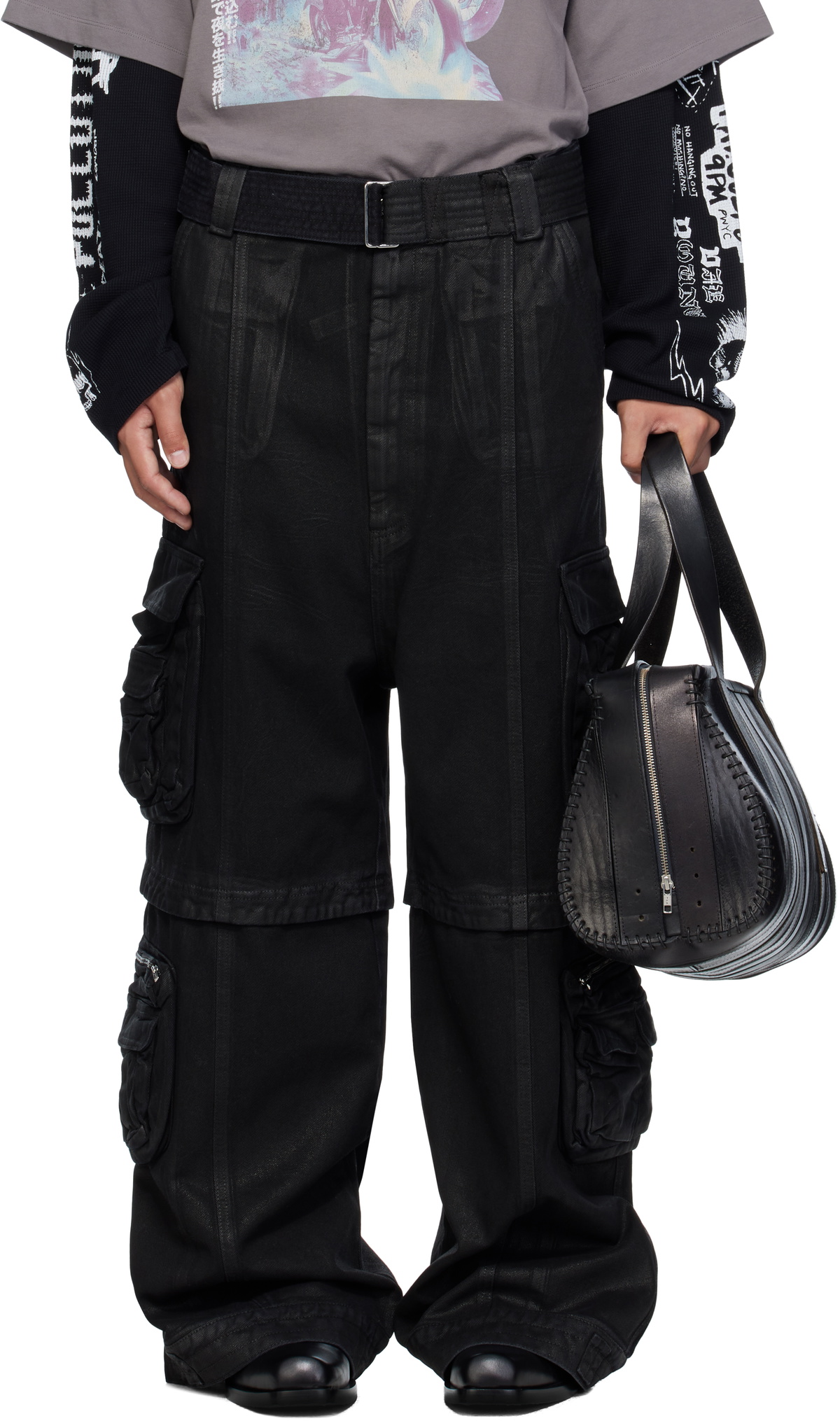 LU'U DAN Black Coated Denim Cargo Pants