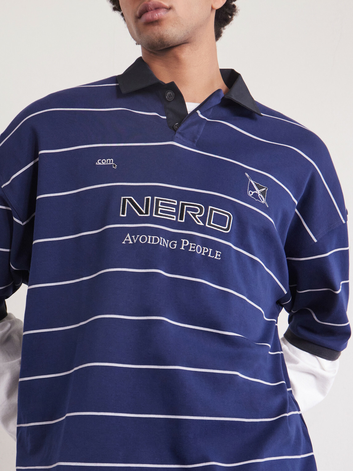 VETEMENTS - Nerd Embroidered Striped Cotton-Jersey Polo Shirt - Blue