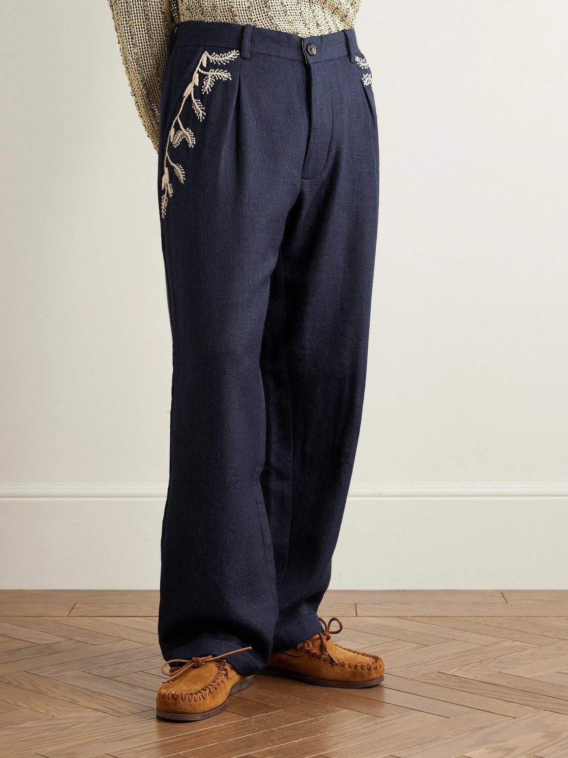 Kartik Research - Pleated Embroidered Wool Trousers - Blue