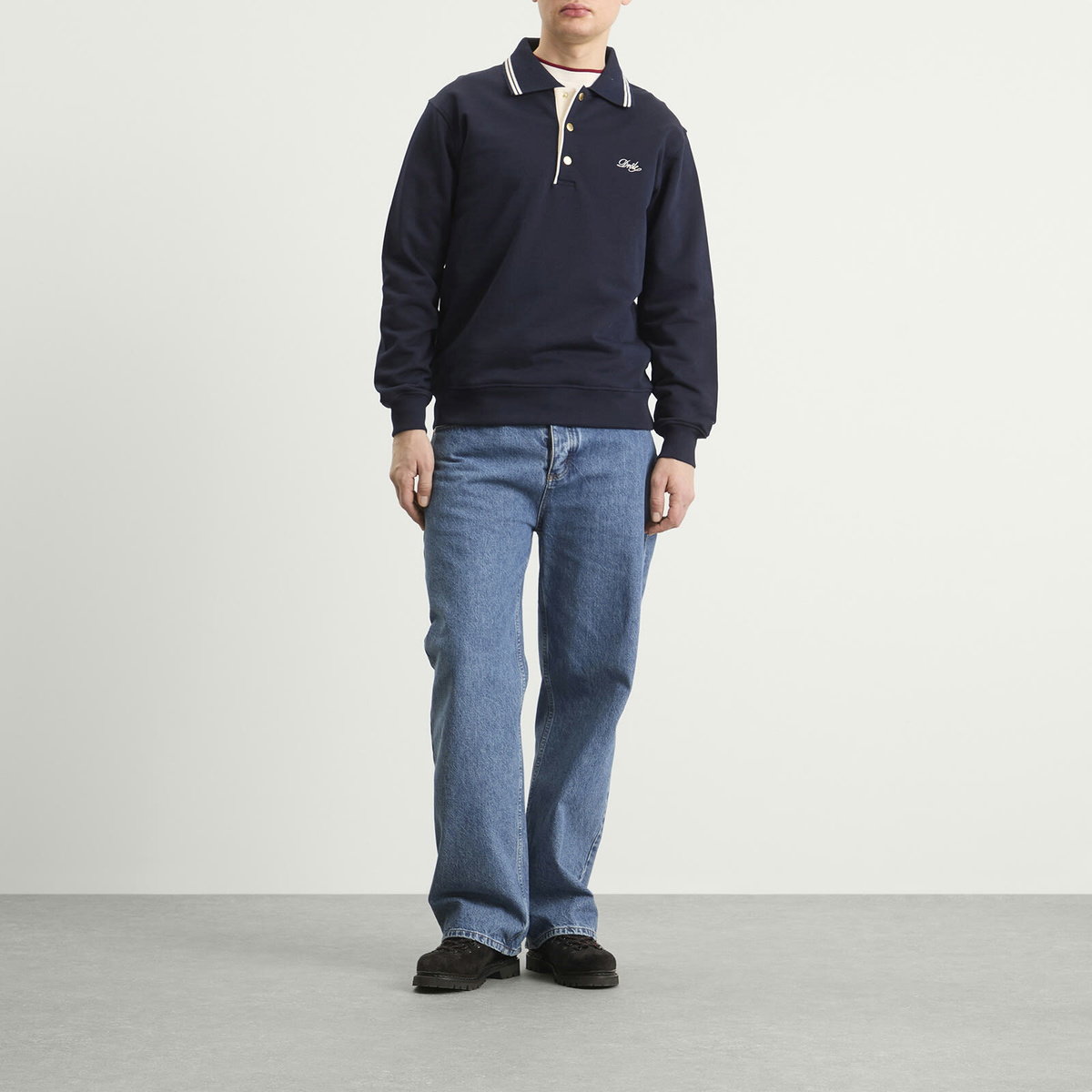 Drôle de Monsieur Men's Logo Long Sleeve Polo in Navy