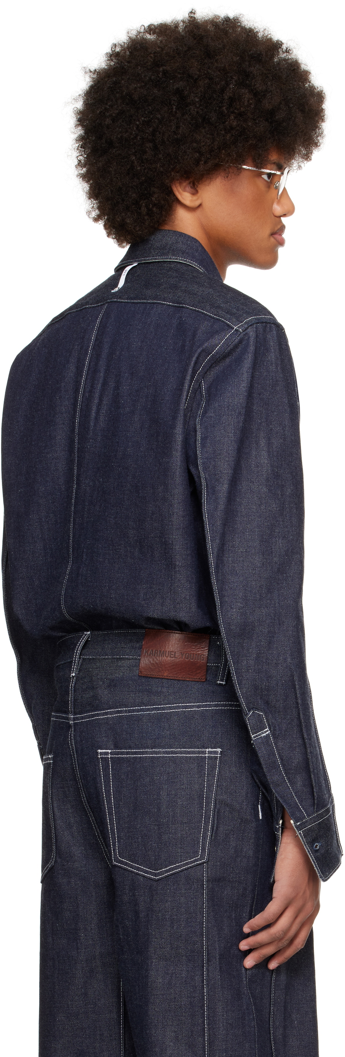 Karmuel Young Navy Raw Curved Arm Denim Shirt