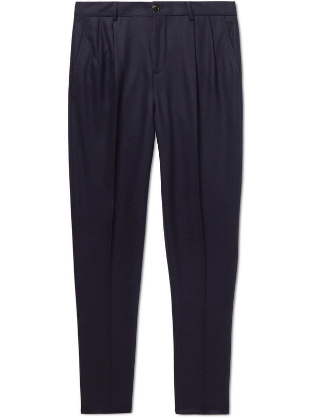 Photo: Brunello Cucinelli - Tapered Pleated Virgin Wool-Flannel Trousers - Blue