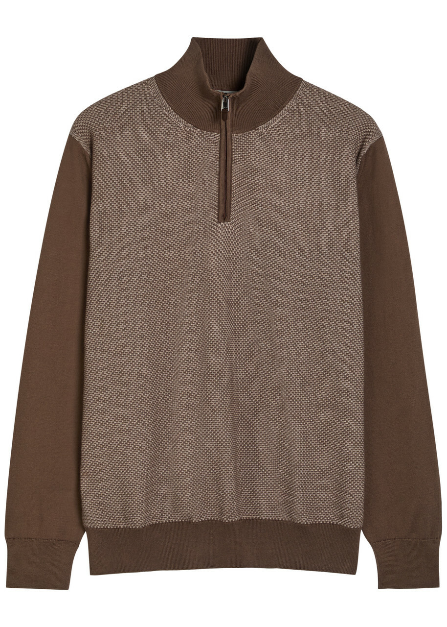 Canali Textured Half-zip Cotton Jumper Brown