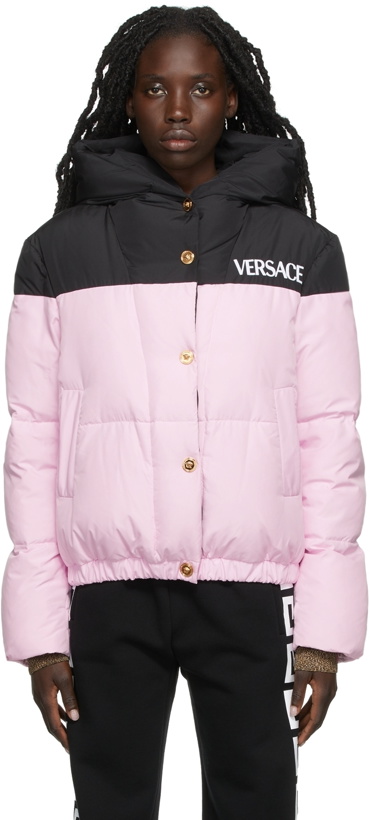 Photo: Versace Pink & Black Down Logo Puffer Jacket
