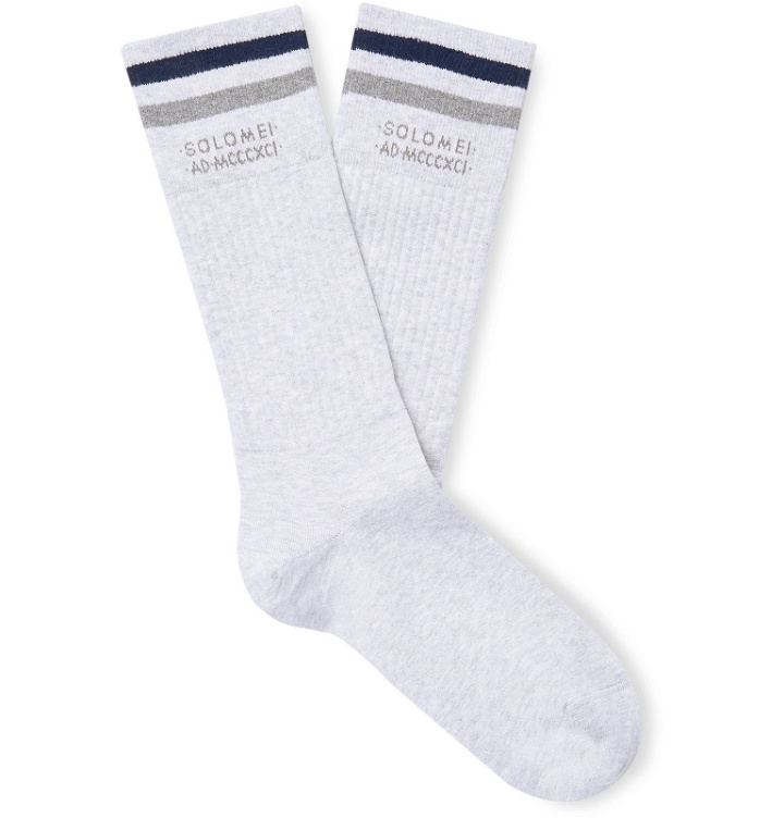 Photo: Brunello Cucinelli - Logo-Intarsia Striped Ribbed Mélange Cotton Socks - Gray