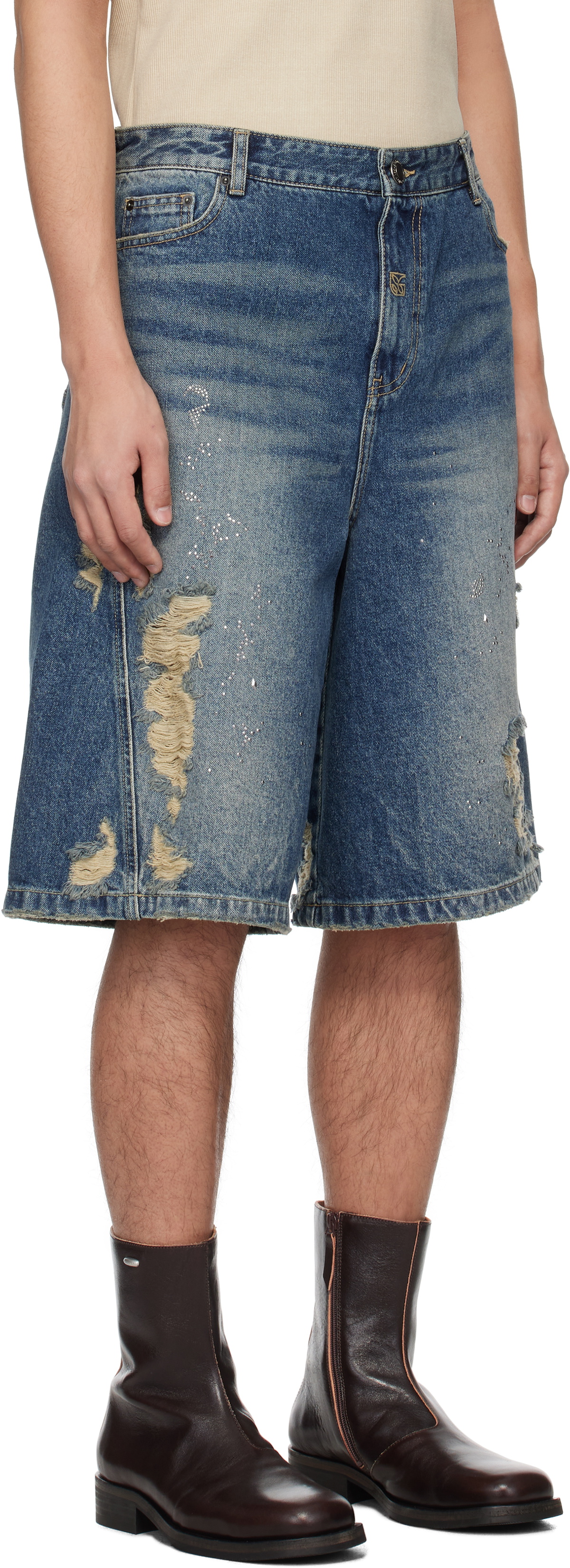 lesugiatelier Blue Crystal Embellished Ripped Denim Shorts