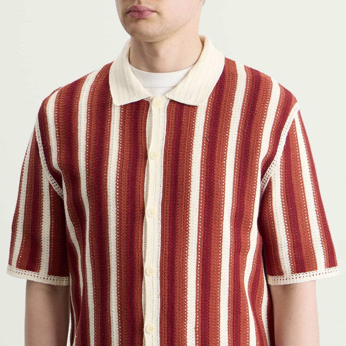 Wax London Men's Porto Knit Stripe Shirt in Ecru/Orange