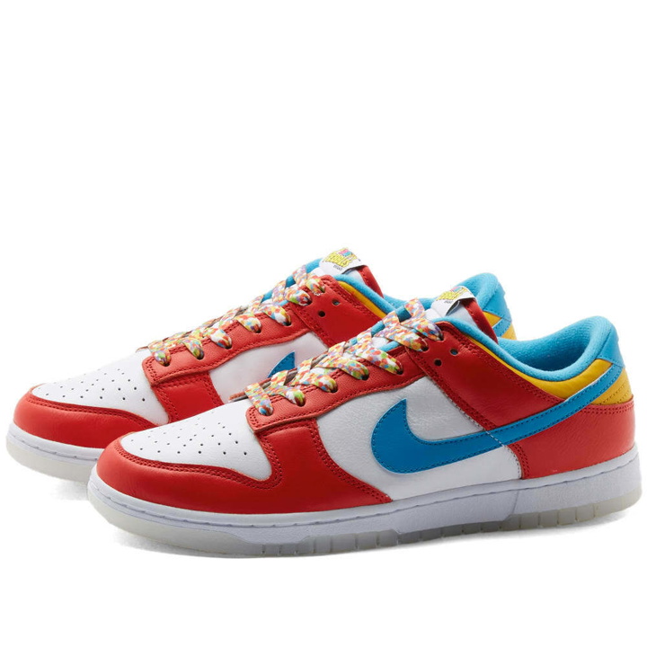 Photo: Nike Dunk Low Qs Sneakers in Habanero Red/Blue/White