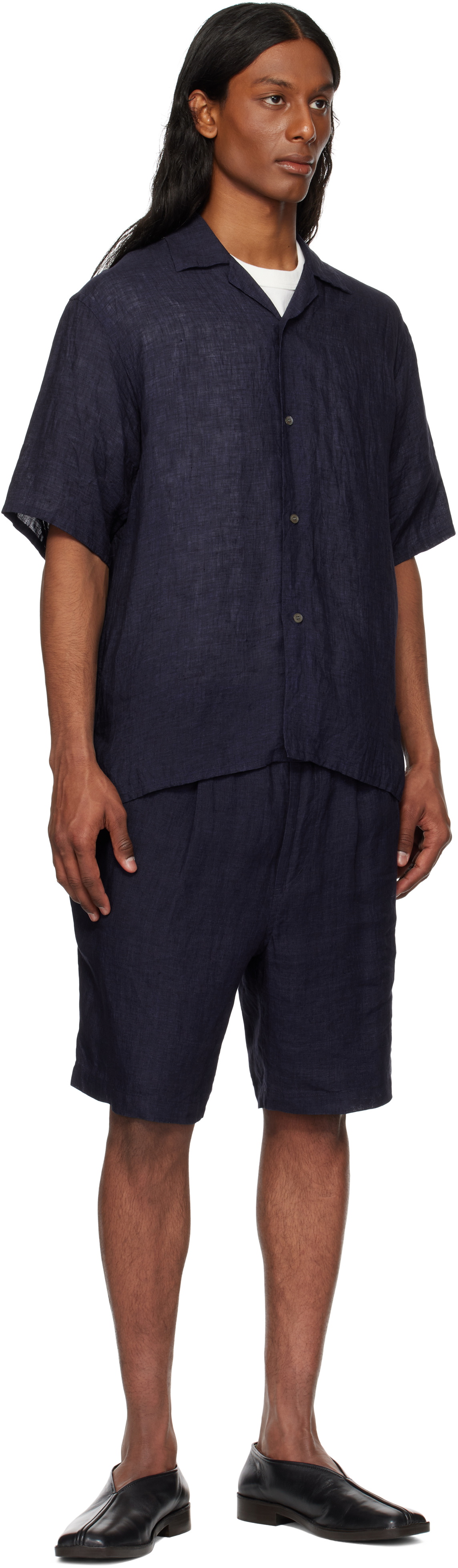 YLÈVE Navy Linen Poplin Shorts