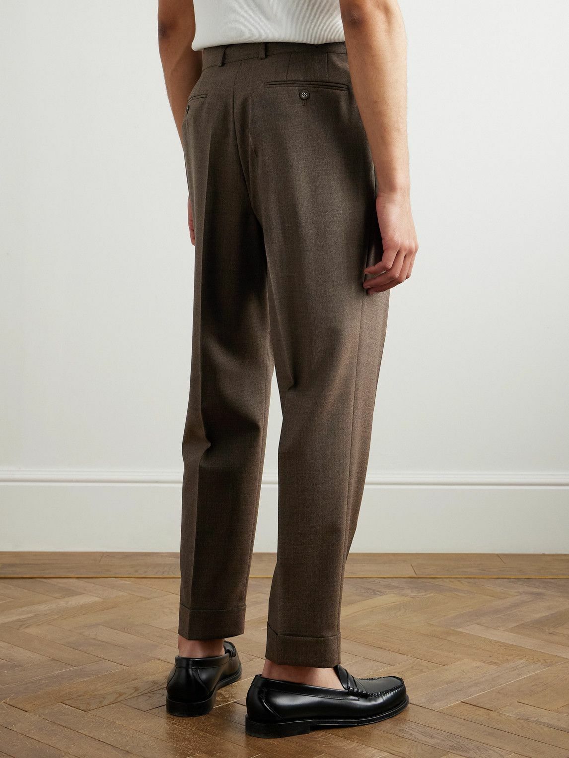 Officine Générale - Hugo Tapered Belted Pleated Virgin Wool Suit Trousers - Brown