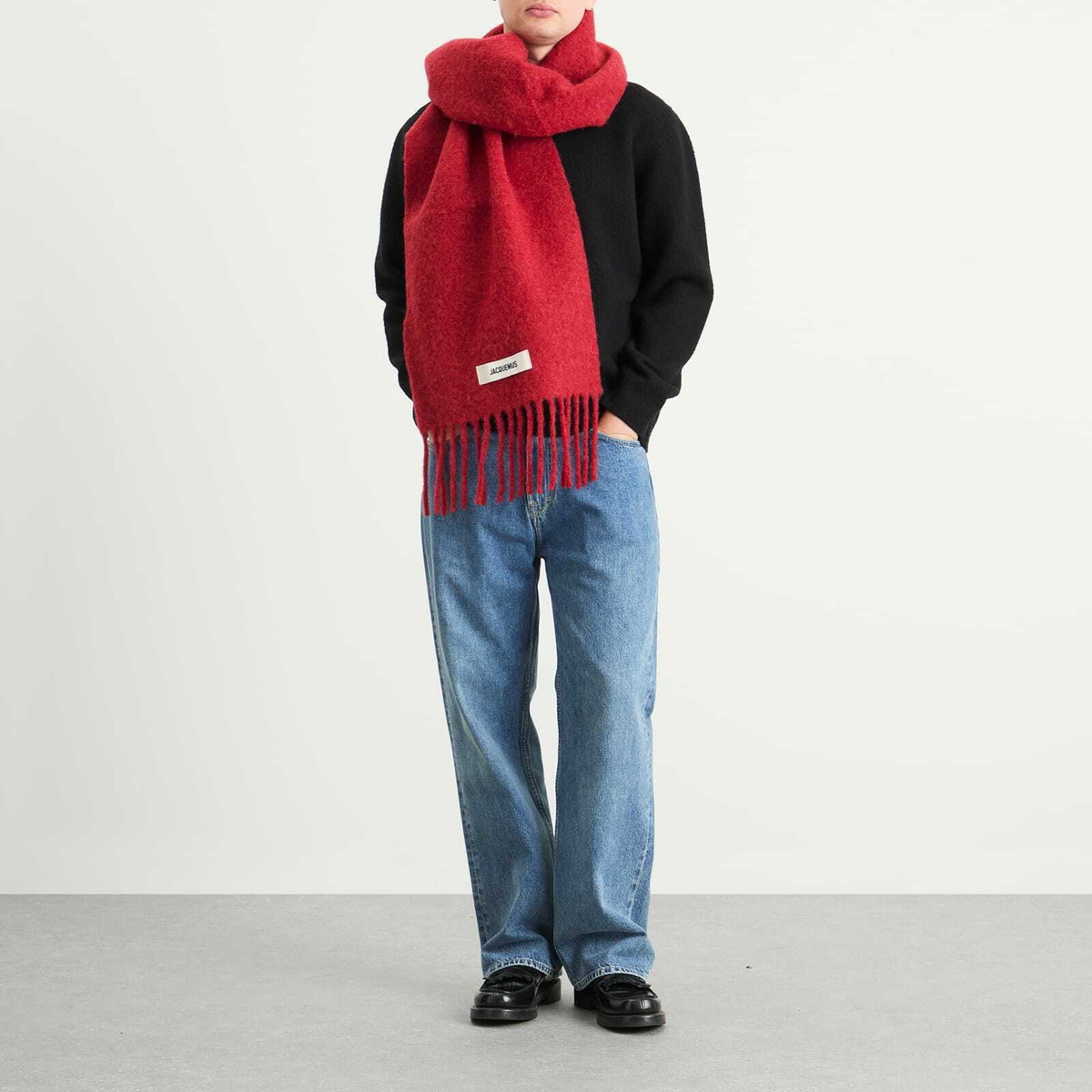 Jacquemus Men's Mohair Alpaca Grosgrain Logo Scarf in Dark Red