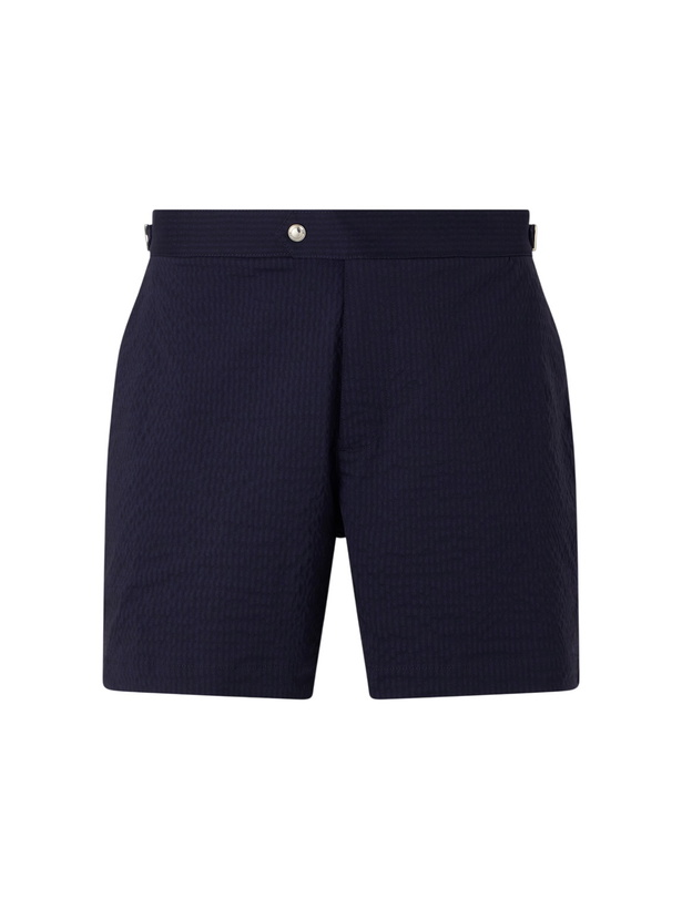 Photo: Mr P. - Straight-Leg Striped Seersucker Swim Shorts - Blue