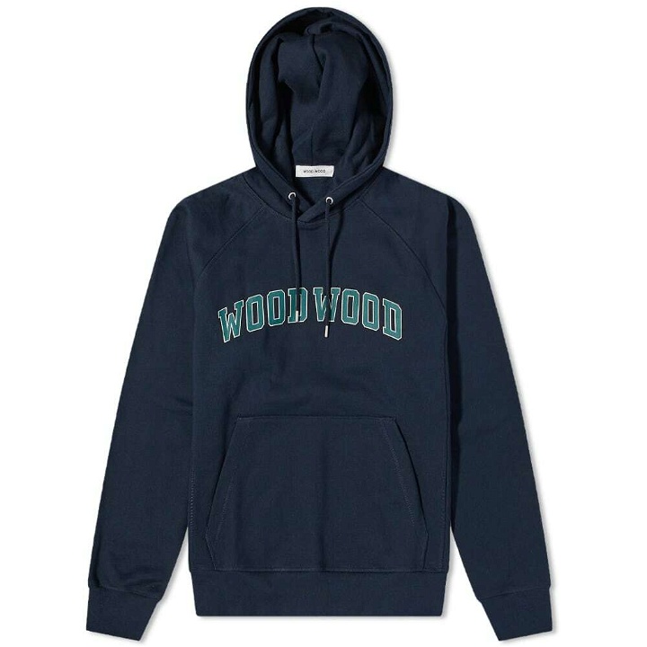 Photo: Wood Wood Men's Fred Arch Logo Popover Hoody in Navy