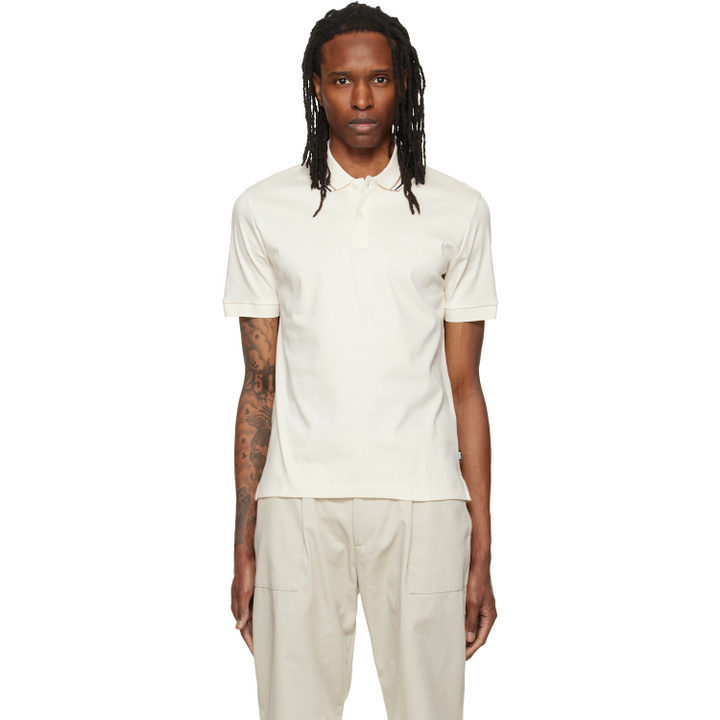 Photo: BOSS Off-White Striped Collar Slim-Fit Cotton Polo