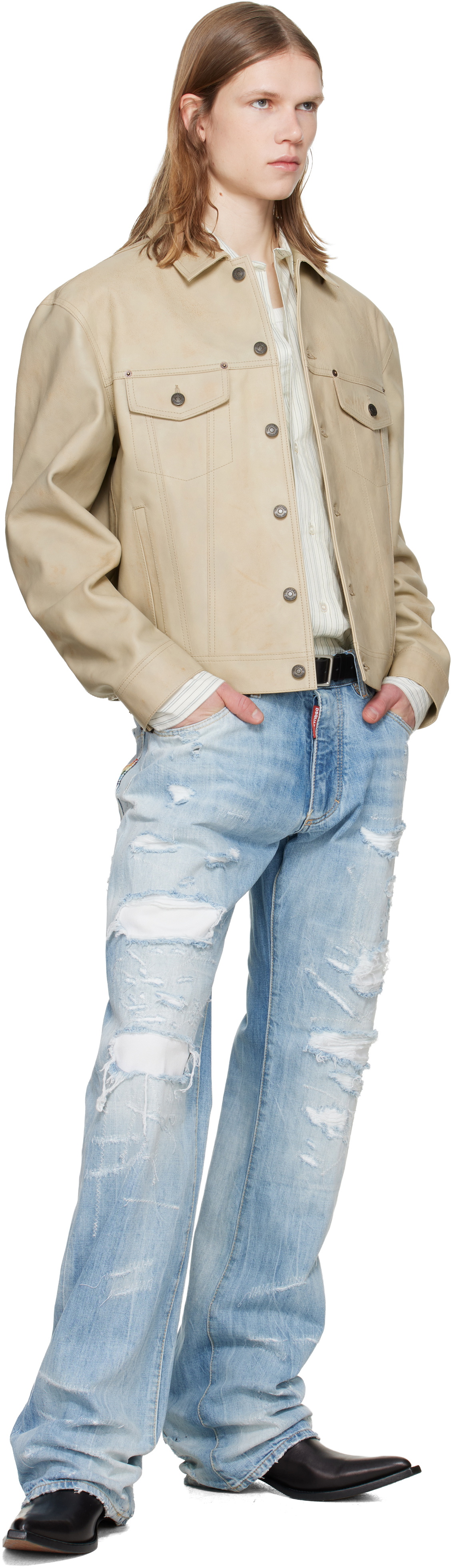 Dsquared2 Beige Leather Jean Jacket