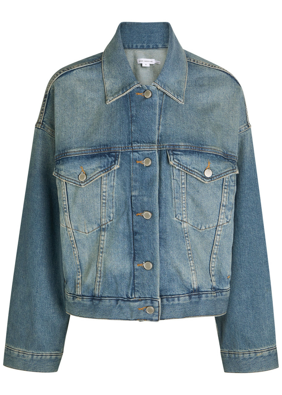 Good American Cropped Denim Trucker Jacket Blue