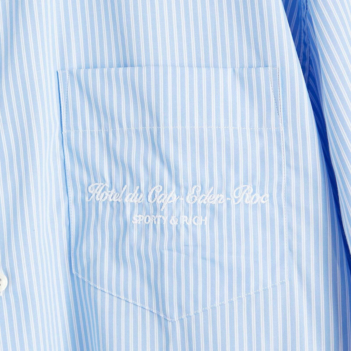 Sporty & Rich Hotel du Cap Cursive Oversized Shirt in Blue/White Thin Stripe White