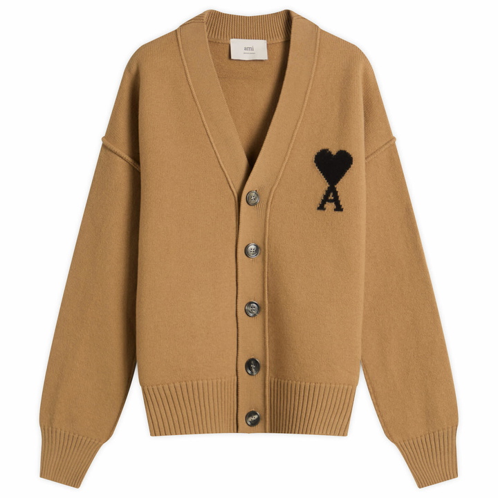 Photo: AMI Paris Men's Felted Merino Wool Knit ADC Cardigan in Camel/Noir