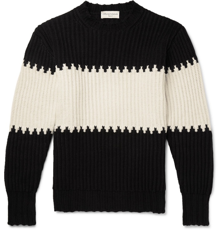 Photo: Officine Generale - Colour-Block Ribbed Cotton-Blend Sweater - Black
