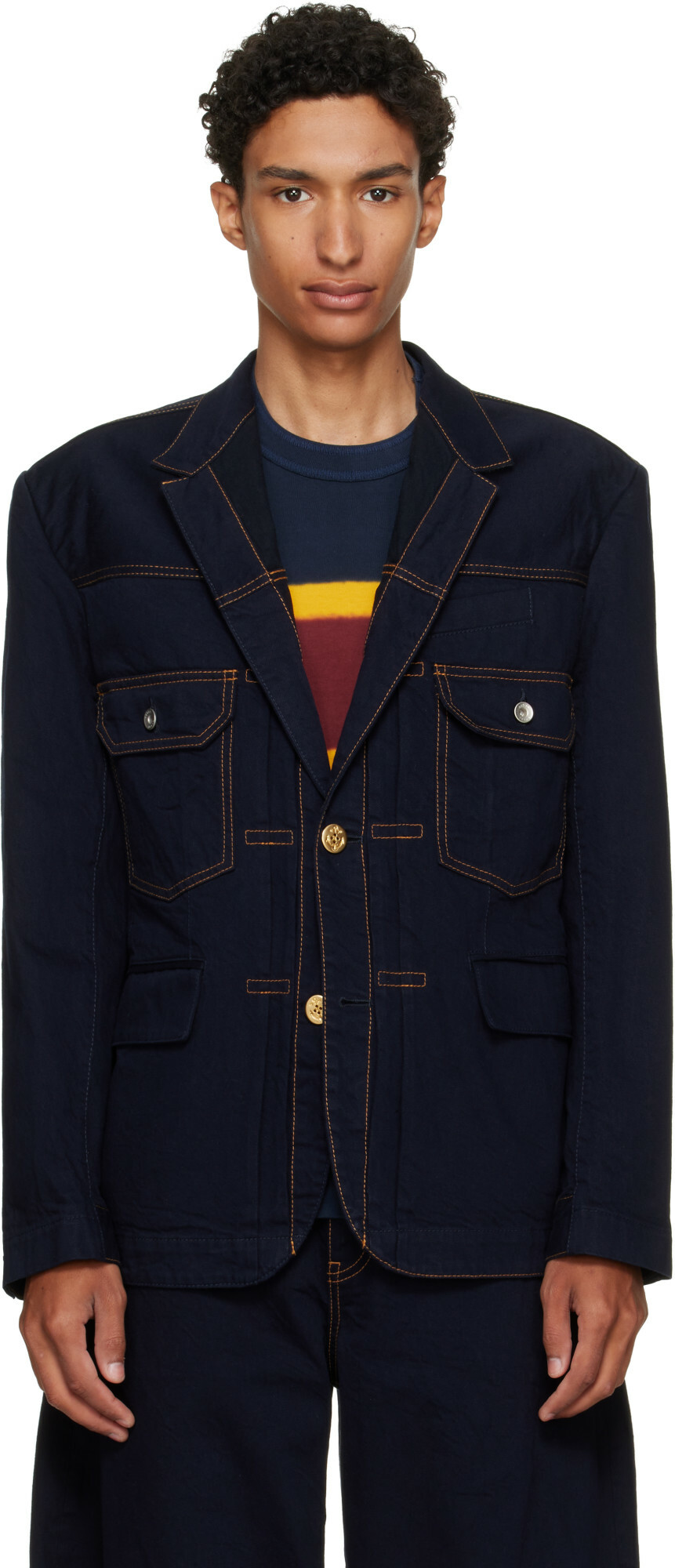 sacai Navy Notched Lapel Denim Blazer
