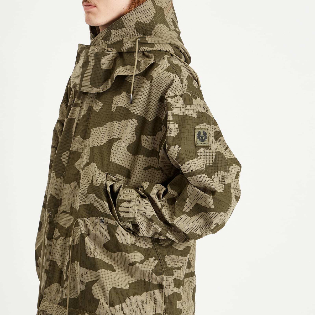 Belstaff Men's Terrain Camo Canopy Parka Jacket in Surplus Green/Washed Black
