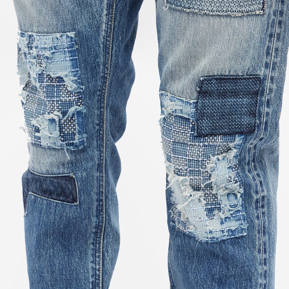 FDMTL Men's Slim Fit Straight Denim Jean in Indigo Patchwork FDMTL