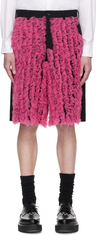 Photo: Comme des Garçons Homme Plus Black & Pink Wool Gabardine Medium & Nylon Tulle Shorts