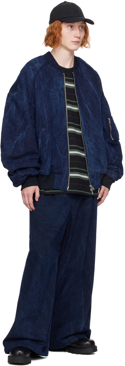 Juun.J Blue Oil-Washed Denim Bomber Jacket