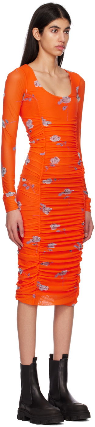 GANNI Orange Ruched Midi Dress GANNI