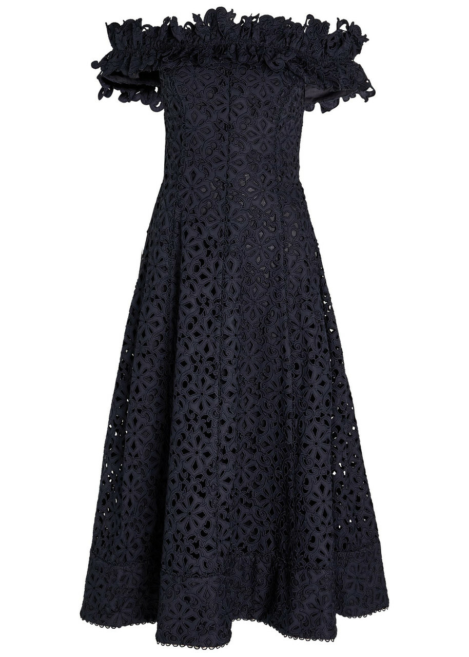 Rebecca Vallance Antalya Embroidered Off-the-shoulder Cotton Midi Dress Navy