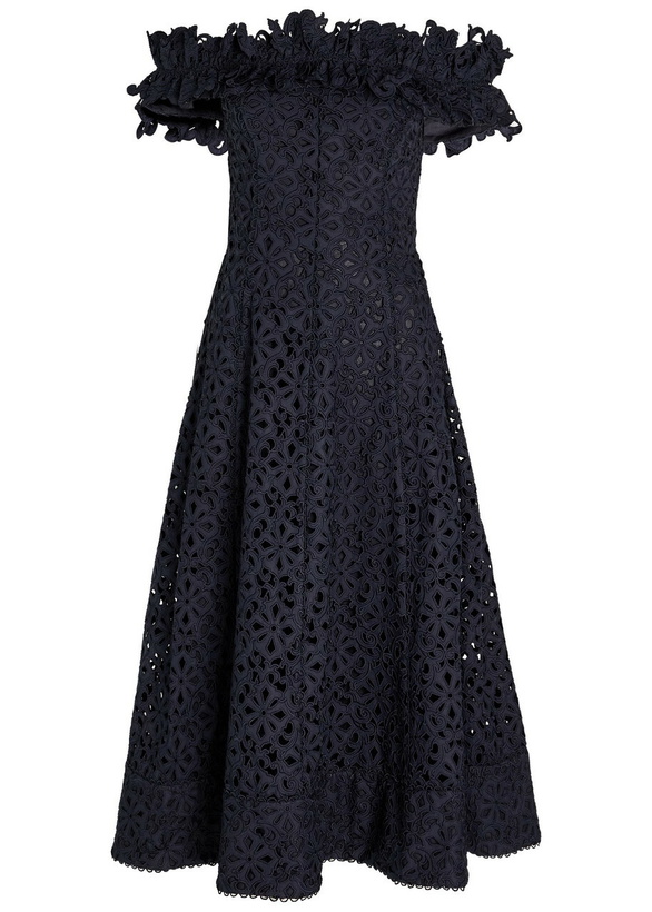 Photo: Rebecca Vallance Antalya Embroidered Off-the-shoulder Cotton Midi Dress Navy