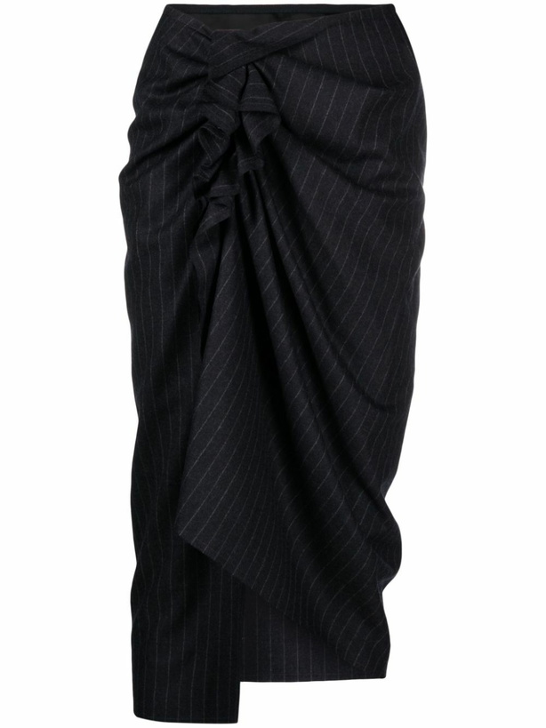 Photo: DRIES VAN NOTEN - Draped Pinstripped Wool Midi Skirt