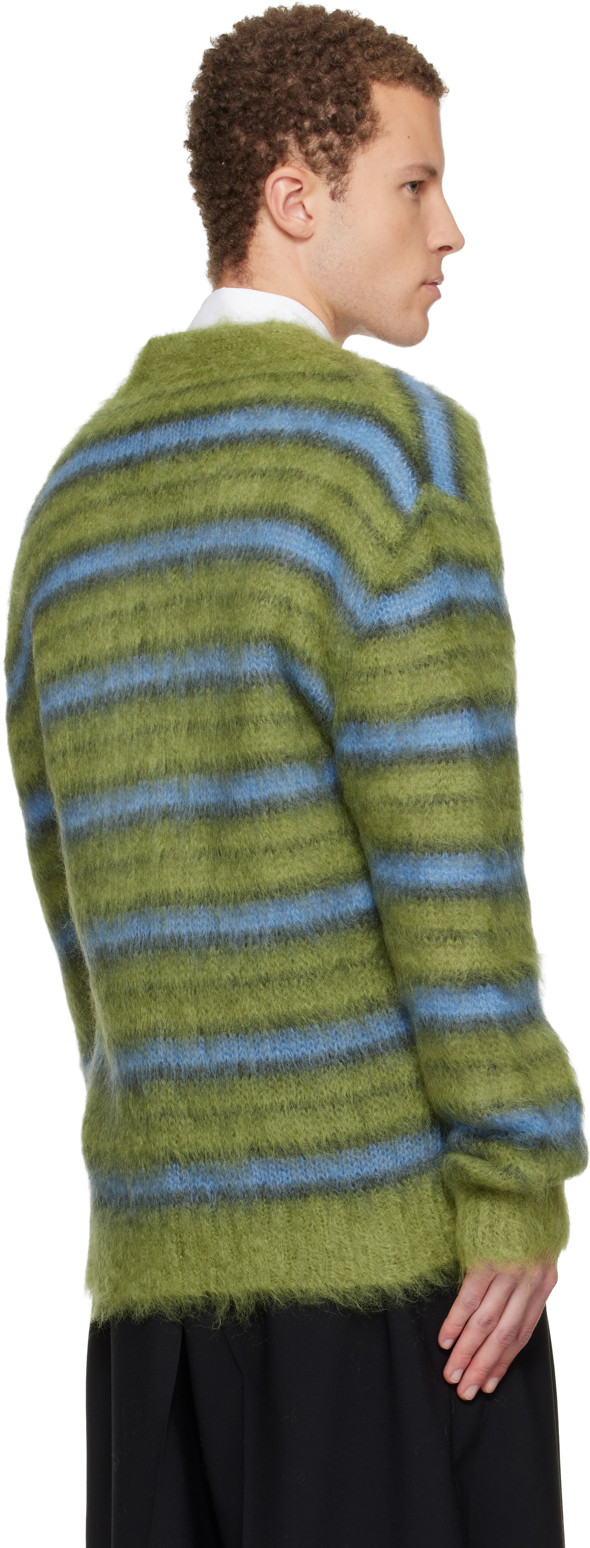 Marni Green & Blue Fuzzy Wuzzy Stripe V-Neck Cardigan