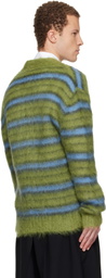 Marni Green & Blue Fuzzy Wuzzy Stripe V-Neck Cardigan