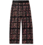Sasquatchfabrix. - Pleated Floral-Print Wool-Twill Drawstring Wide-Leg Trousers - Black