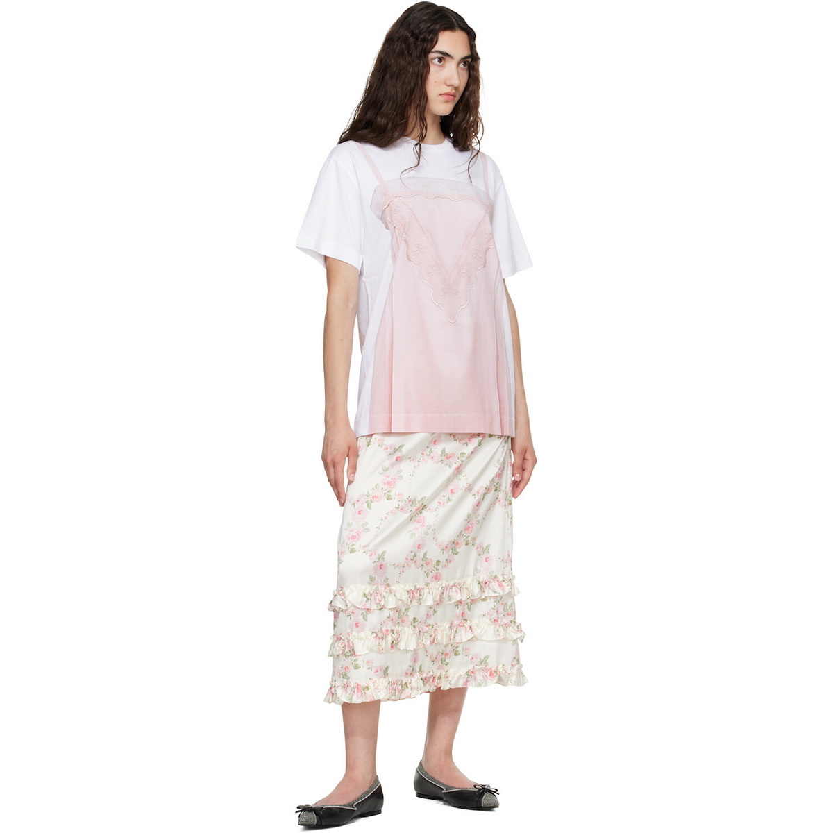 Simone Rocha White & Pink Bow Sash Slip Dress Trompe L'Oeil Print T-shirt