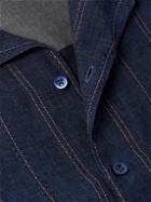 Brunello Cucinelli - Camp-Collar Embroidered Striped Linen Shirt - Blue