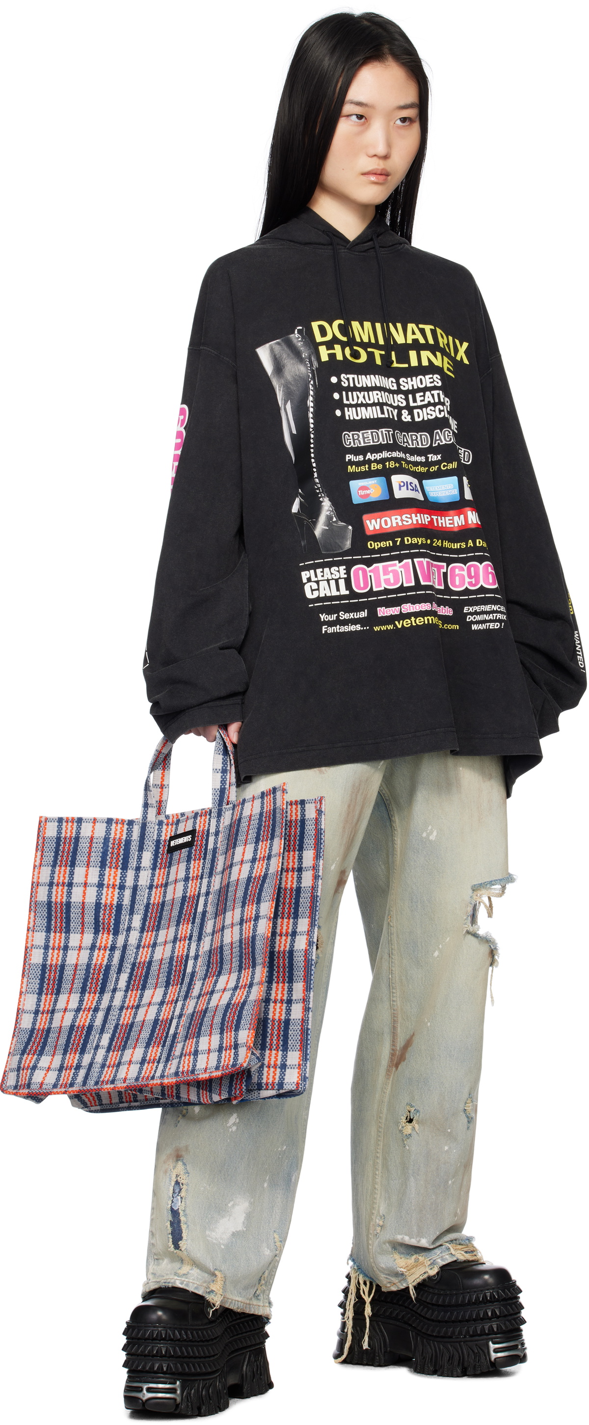 VETEMENTS Dominatrix Hotline ロゴ コットン パーカー 人気 VETEMENTS】DOMINATRIX HOTLINE JERSEY HOODIE | AYIN