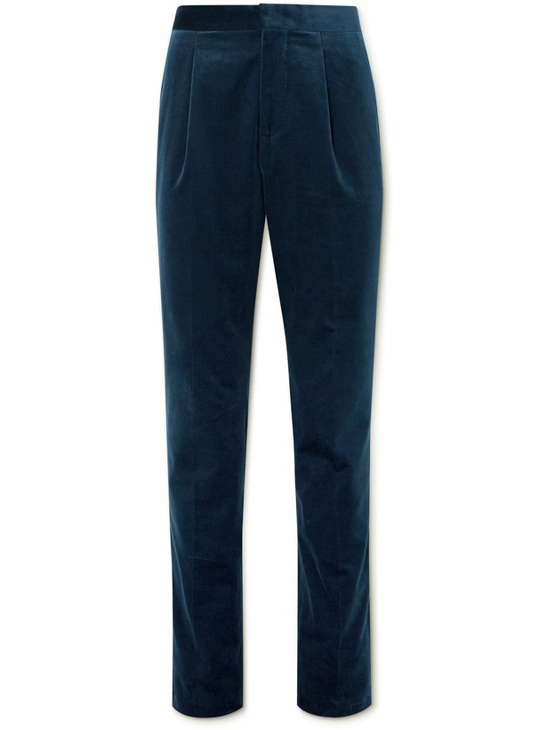 Photo: Brunello Cucinelli - Slim-Fit Satin-Trimmed Cotton-Velvet Tuxedo Trousers - Blue