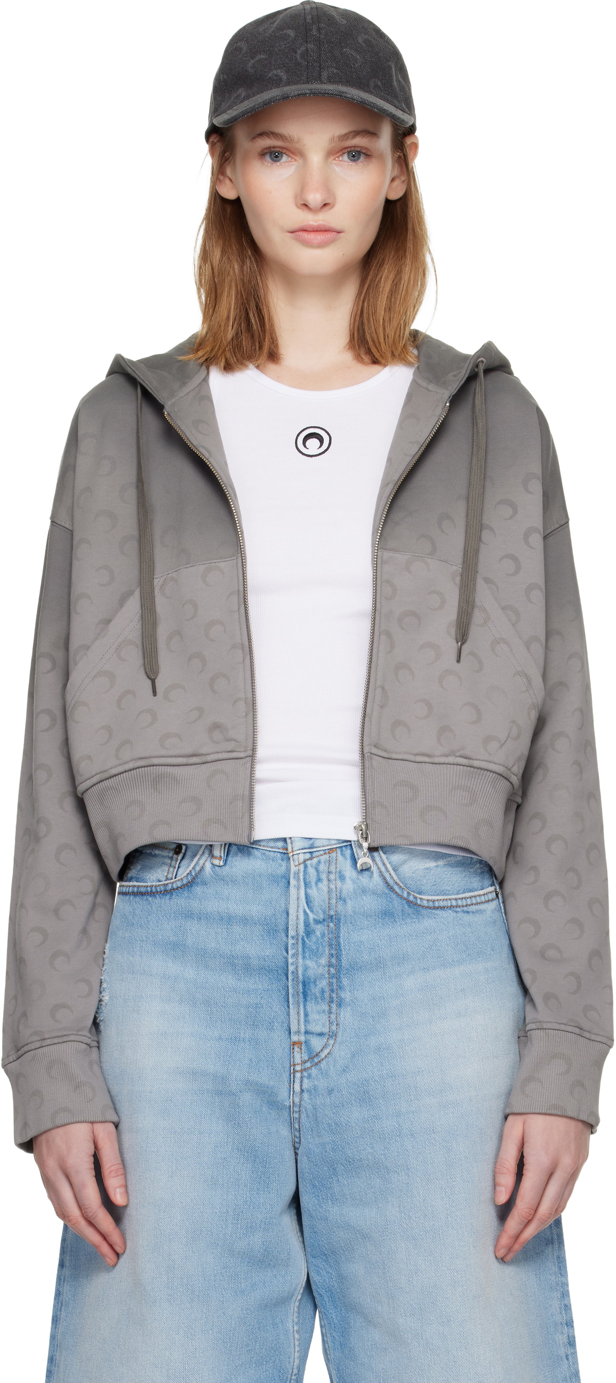 Marine Serre Gray Faded Moon Fleece Cropped Zipped Hoodie