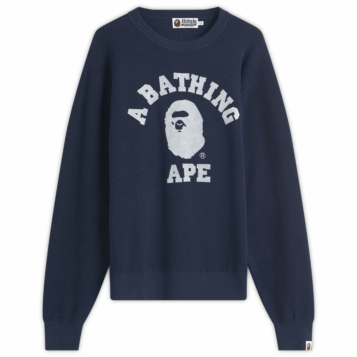 A Bathing Ape Men's College Waffle Crewneck Sweater in Navy