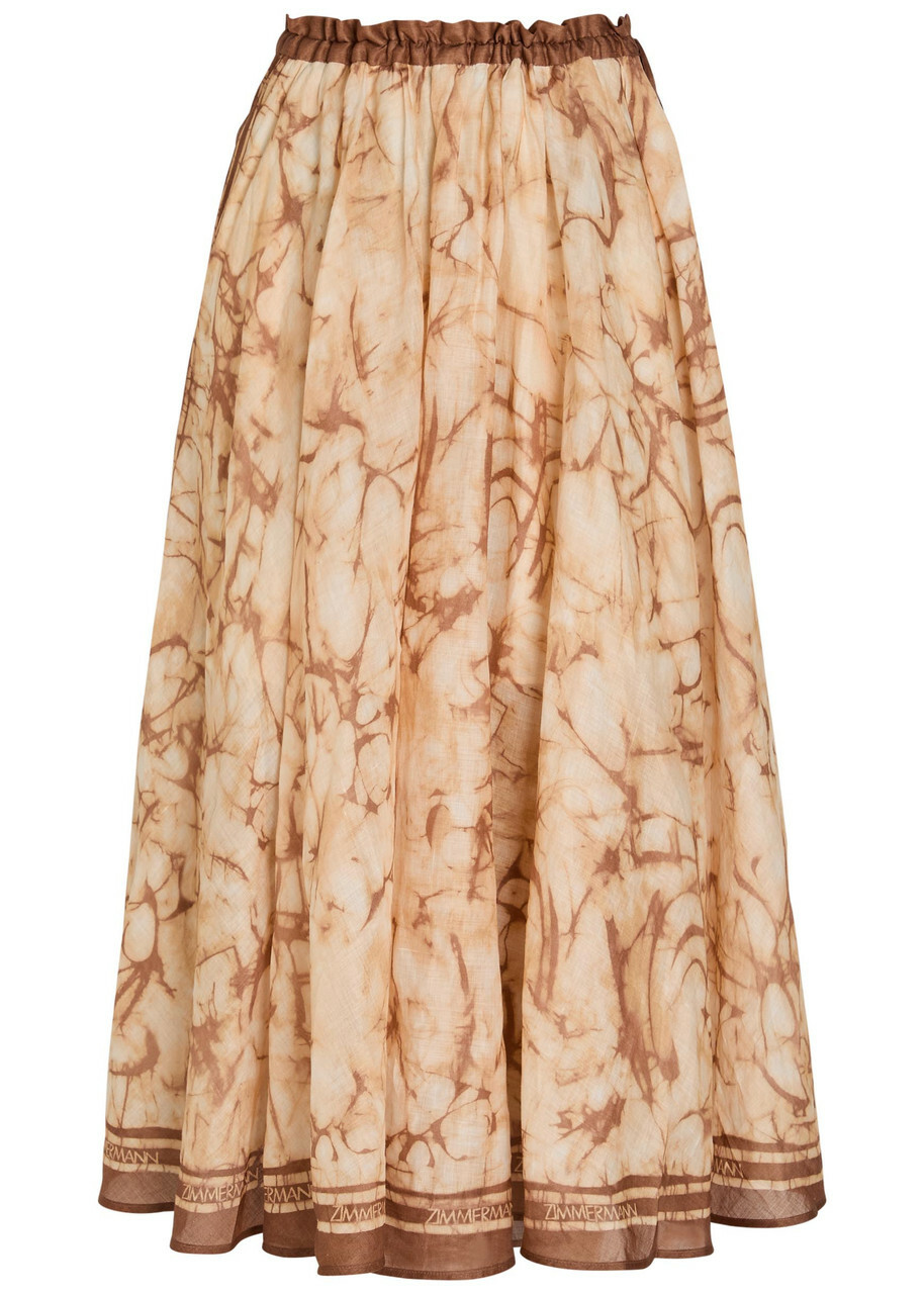 Zimmermann Indra Printed Rami Midi Skirt Brown