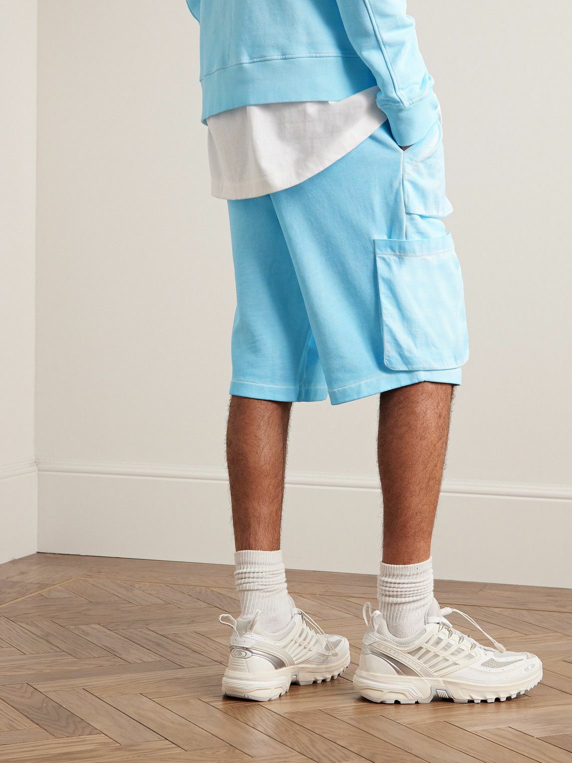 SAIF UD DEEN - Straight-Leg Cold-Dyed Cotton-Jersey Drawstring Cargo Shorts - Blue