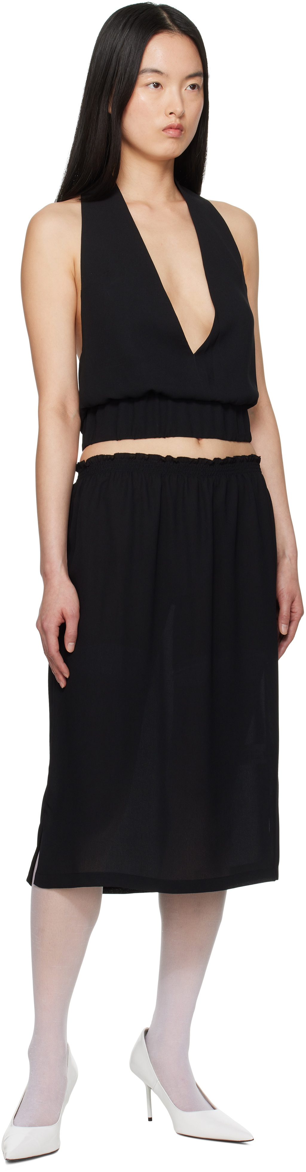 Ashley Williams Black Smocked-Waist Midi Skirt
