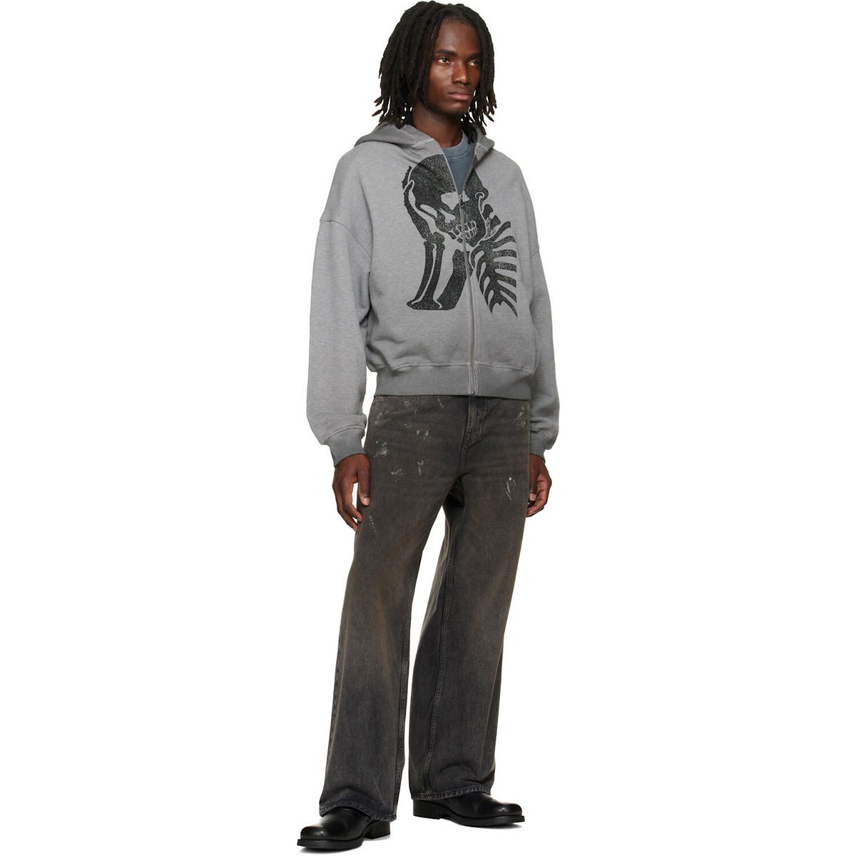 Palm Angels Gray Skull Zipped Loose Hoodie