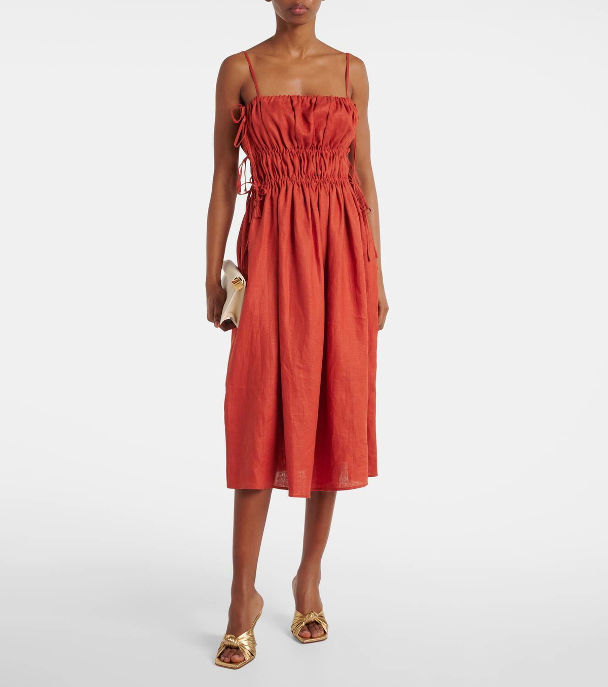 Asceno Eze ruched linen midi dress ASCENO