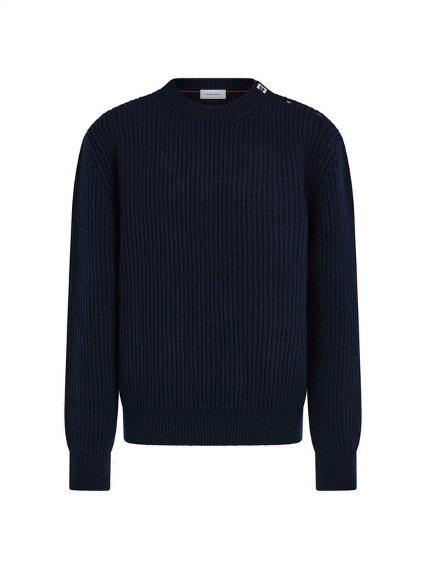 Photo: Ferragamo Mens Rib knit crew neck sweater with Hug buckle detail in Blue